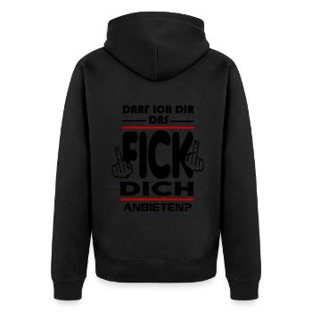 Darf ich dir das Fick Dich anbieten - Unisex Premium Bio Zip Hoodie - Schwarz - Hinten - Nico (187cm)