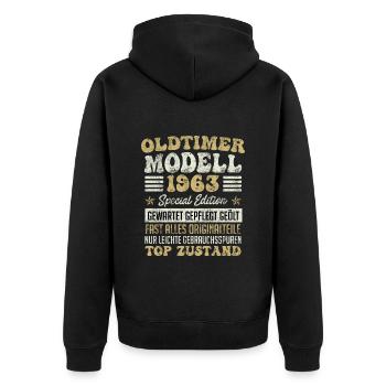 Oldtimer 1963er Modell 60 Jahre Männer - Unisex Premium Bio Zip Hoodie - Schwarz - Hinten - Nico (187cm)