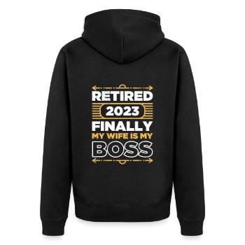Rentner 2023 neuer Chef ist meine Frau - Unisex Premium Bio Zip Hoodie - Schwarz - Hinten - Nico (187cm)