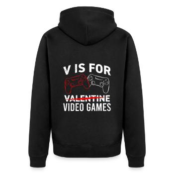 V steht für Video Games Valentinstag - Unisex Premium Bio Zip Hoodie - Schwarz - Hinten - Nico (187cm)