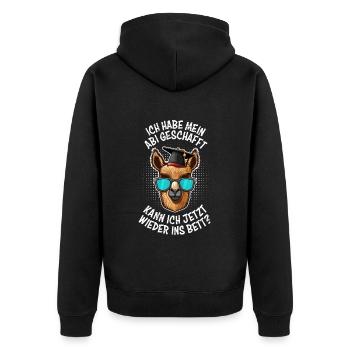Abi geschafft kann ich jetzt wieder ins Bett? - Unisex Premium Bio Zip Hoodie - Schwarz - Hinten - Nico (187cm)
