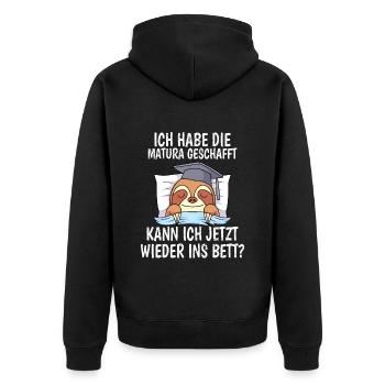Matura geschafft kann ich wieder ins Bett? - Unisex Premium Bio Zip Hoodie - Schwarz - Hinten - Nico (187cm)