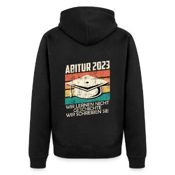 Abitur 20203 wir schreiben Geschichte Abi 2023 - Unisex Premium Bio Zip Hoodie - Schwarz - Hinten - Nico (187cm)