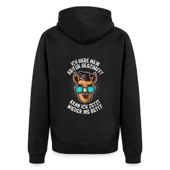 Abi geschafft kann ich jetzt wieder ins Bett? - Unisex Premium Bio Zip Hoodie - Schwarz - Hinten - Nico (187cm)
