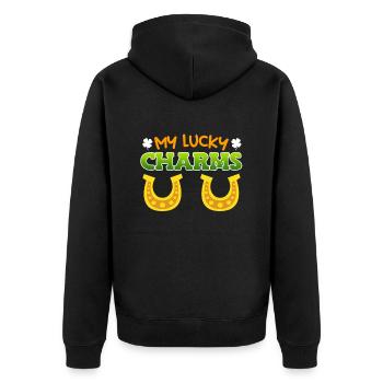 My Lucky Charms Hufeisen St. Patrick's Day - Unisex Premium Bio Zip Hoodie - Schwarz - Hinten - Nico (187cm)