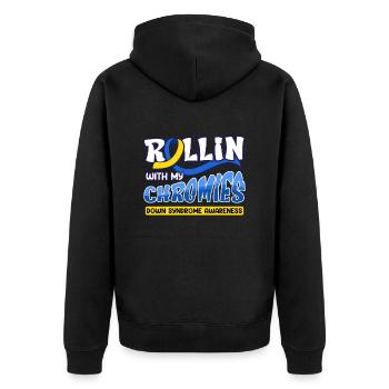 Down Syndrome Rollin avec mes Chromies - Veste à capuche bio Premium Unisexe - noir - Dos - Nico (187cm)