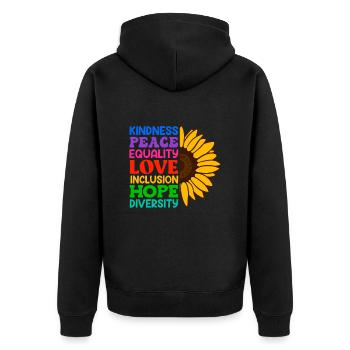 Inklusion Akzeptanz Freundlichkeit Solidarität - Unisex Premium Bio Zip Hoodie - Schwarz - Hinten - Nico (187cm)