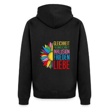 Inklusion Gleichheit Freundlichkeit Akzeptanz - Unisex Premium Bio Zip Hoodie - Schwarz - Hinten - Nico (187cm)