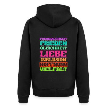 Inklusion Freundlichkeit Frieden Liebe Vielfalt - Unisex Premium Bio Zip Hoodie - Schwarz - Hinten - Nico (187cm)