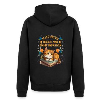 Books and Cats Katzenliebhaber und Leseratte - Unisex Premium Bio Zip Hoodie - Schwarz - Hinten - Nico (187cm)