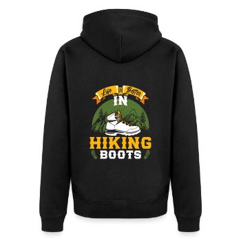 Life is better in Boots Hiking Bergfan Wandern - Unisex Premium Bio Zip Hoodie - Schwarz - Hinten - Nico (187cm)