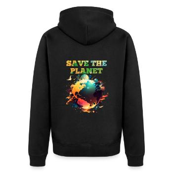 Rettet den Planeten Erde Klima und Natur - Unisex Premium Bio Zip Hoodie - Schwarz - Hinten - Nico (187cm)