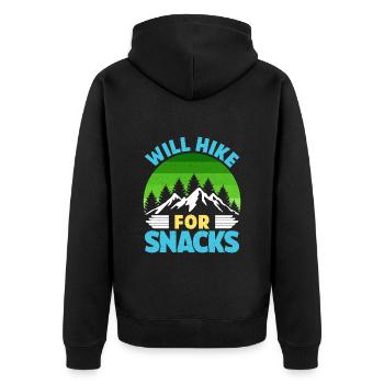 Wanderer lustig Bergfan Will Hike for Snacks - Unisex Premium Bio Zip Hoodie - Schwarz - Hinten - Nico (187cm)