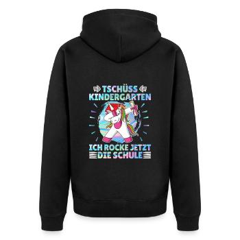 Tschüss Kindergarten Ich rocke jetzt die Schule - Unisex Premium Bio Zip Hoodie - Schwarz - Hinten - Nico (187cm)