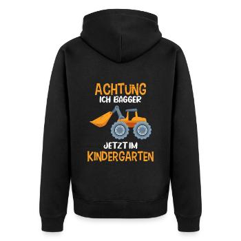 Kindergartenkind Achtung ich bagger jetzt im Kiga - Unisex Premium Bio Zip Hoodie - Schwarz - Hinten - Nico (187cm)