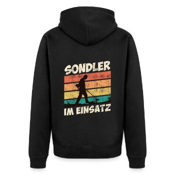 Sondler im Einsatz Kronkorkenjäger Metallsucher - Unisex Premium Bio Zip Hoodie - Schwarz - Hinten - Nico (187cm)