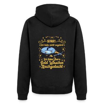 Goldjäger Thinking about Goldpanning Goldwäscher - Unisex Premium Bio Zip Hoodie - Schwarz - Hinten - Nico (187cm)
