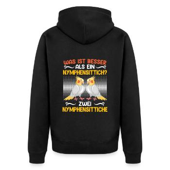 Vogelhalter Was ist besser als ein Nymphensittich? - Unisex Premium Bio Zip Hoodie - Schwarz - Hinten - Nico (187cm)