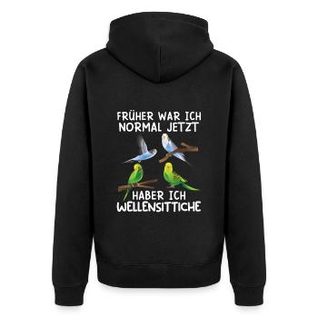 Früher war ich normal Jetzt hab ich Wellensittiche - Unisex Premium Bio Zip Hoodie - Schwarz - Hinten - Nico (187cm)
