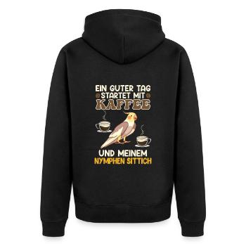 Sittiche Ein guter Tag startet mit Kaffee Fan - Unisex Premium Bio Zip Hoodie - Schwarz - Hinten - Nico (187cm)