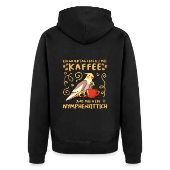 Piepmatz Ein guter Tag startet mit Kaffee Sittich - Unisex Premium Bio Zip Hoodie - Schwarz - Hinten - Nico (187cm)