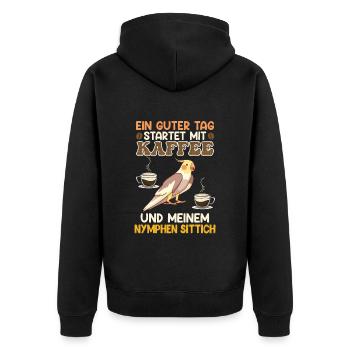 Sittiche Ein guter Tag startet mit Kaffee Fan - Unisex Premium Bio Zip Hoodie - Schwarz - Hinten - Nico (187cm)