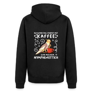 Piepmatz Ein guter Tag startet mit Kaffee Sittich - Unisex Premium Bio Zip Hoodie - Schwarz - Hinten - Nico (187cm)