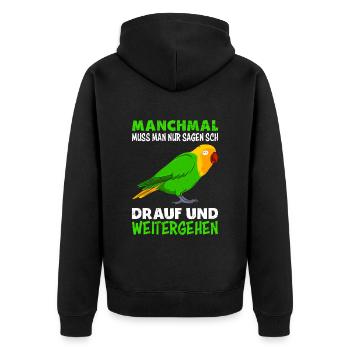 Lovebirds Manchmal muss man nur sagen ... drauf - Unisex Premium Bio Zip Hoodie - Schwarz - Hinten - Nico (187cm)