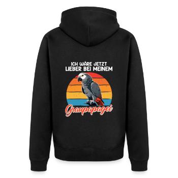 Papageien Ich wäre lieber bei meinem Graupapagei - Unisex Premium Bio Zip Hoodie - Schwarz - Hinten - Nico (187cm)
