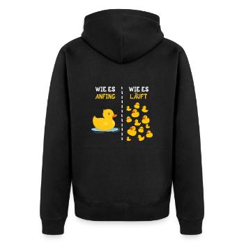 Entenhaltung How it started How it´s going Entchen - Unisex Premium Bio Zip Hoodie - Schwarz - Hinten - Nico (187cm)