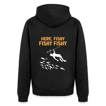 Speerfischer Harpune Here Fishy Fischjagd - Unisex Premium Bio Zip Hoodie - Schwarz - Hinten - Nico (187cm)