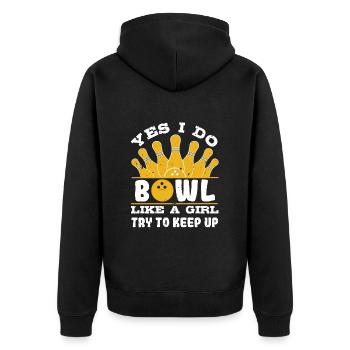 Bowlingspieler I do Bowl like a Girl Bowling Damen - Unisex Premium Bio Zip Hoodie - Schwarz - Hinten - Nico (187cm)