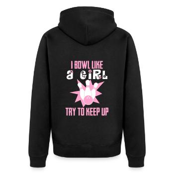 Bowling Damen I do Bowl like a Girl Shirt - Unisex Premium Bio Zip Hoodie - Schwarz - Hinten - Nico (187cm)