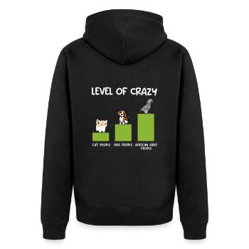 Grau Papagei Level of Crazy Vogelliebhaber - Unisex Premium Bio Zip Hoodie - Schwarz - Hinten - Nico (187cm)