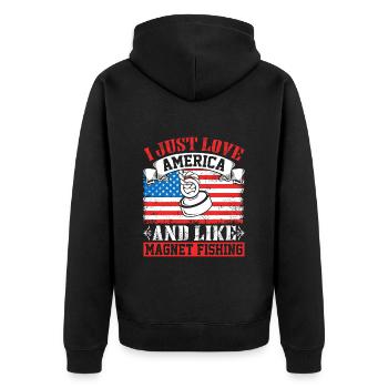 I love America and like Magnet Fishing - Unisex Premium Bio Zip Hoodie - Schwarz - Hinten - Nico (187cm)