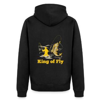 Fliegenangler King of Fly fishing Fliegenfischen - Unisex Premium Bio Zip Hoodie - Schwarz - Hinten - Nico (187cm)