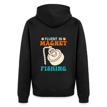 Magnetfischer Fluent in Magnetfishing Magnetangler - Unisex Premium Bio Zip Hoodie - Schwarz - Hinten - Nico (187cm)