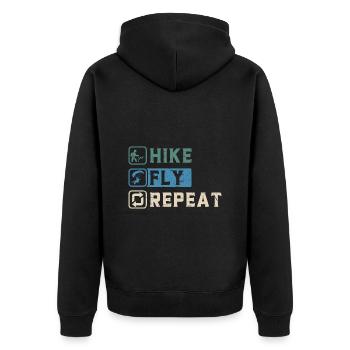 Hike Fly Repeat Mountaineering Paragliding - Unisex Premium Organic Zip Hoodie - black - Back - Nico (187cm)