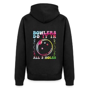 Bowlers Do it in All 3 Holes Lustig Bowling Männer - Unisex Premium Bio Zip Hoodie - Schwarz - Hinten - Nico (187cm)