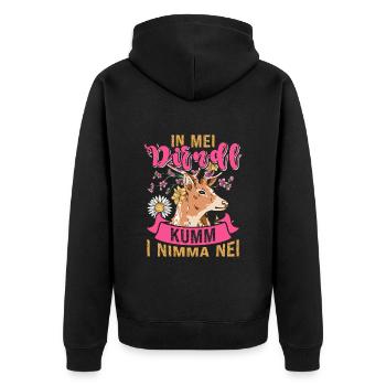 In my Dirndl Kumm i Nimma Nei - Unisex Premium Bio Zip Hoodie - Schwarz - Hinten - Nico (187cm)