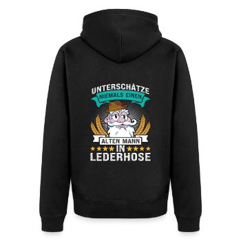Unterschätze Niemals einen Alten Mann in Lederhose - Unisex Premium Bio Zip Hoodie - Schwarz - Hinten - Nico (187cm)