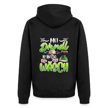 Mein Dirndl is in da Wäsch Bayerisches Dirndl Shir - Unisex Premium Bio Zip Hoodie - Schwarz - Hinten - Nico (187cm)