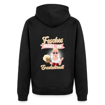 Bayerische Tracht Fesches Madl im Ersatzdirndl - Unisex Premium Bio Zip Hoodie - Schwarz - Hinten - Nico (187cm)