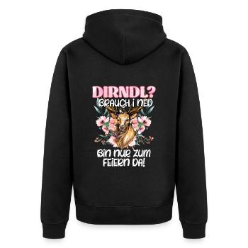 Mein Dirndl brauch i ned bin zum Feiern da! - Unisex Premium Bio Zip Hoodie - Schwarz - Hinten - Nico (187cm)
