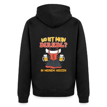 Trachten Shirt Wo ist mein Dirndl? Bayerisches - Unisex Premium Bio Zip Hoodie - Schwarz - Hinten - Nico (187cm)