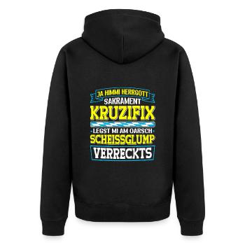 Boarisch Kruzifix Scheissglump Verreckts München - Unisex Premium Bio Zip Hoodie - Schwarz - Hinten - Nico (187cm)