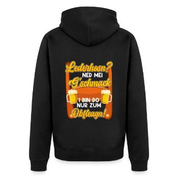 Lederhosn? Ned mei Gschmack Do zum Obfleagn! - Unisex Premium Bio Zip Hoodie - Schwarz - Hinten - Nico (187cm)