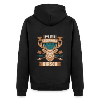 Mei Lederhosn trogt no da Hirsch Bayerische - Unisex Premium Bio Zip Hoodie - Schwarz - Hinten - Nico (187cm)
