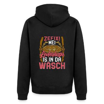 Mei Lederhosn is in da Wäsch Shirt - Unisex Premium Bio Zip Hoodie - Schwarz - Hinten - Nico (187cm)