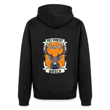 Mei Tracht is in da Wäsch Bayerische Lederhosen - Unisex Premium Bio Zip Hoodie - Schwarz - Hinten - Nico (187cm)